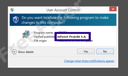 Screenshot where Infonet Projekt S.A. appears as the verified publisher in the UAC dialog